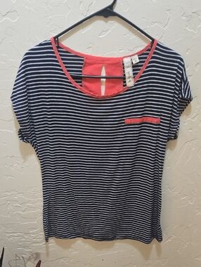 3/$10 Robin K Navy & White Striped Tee with Coral Trim